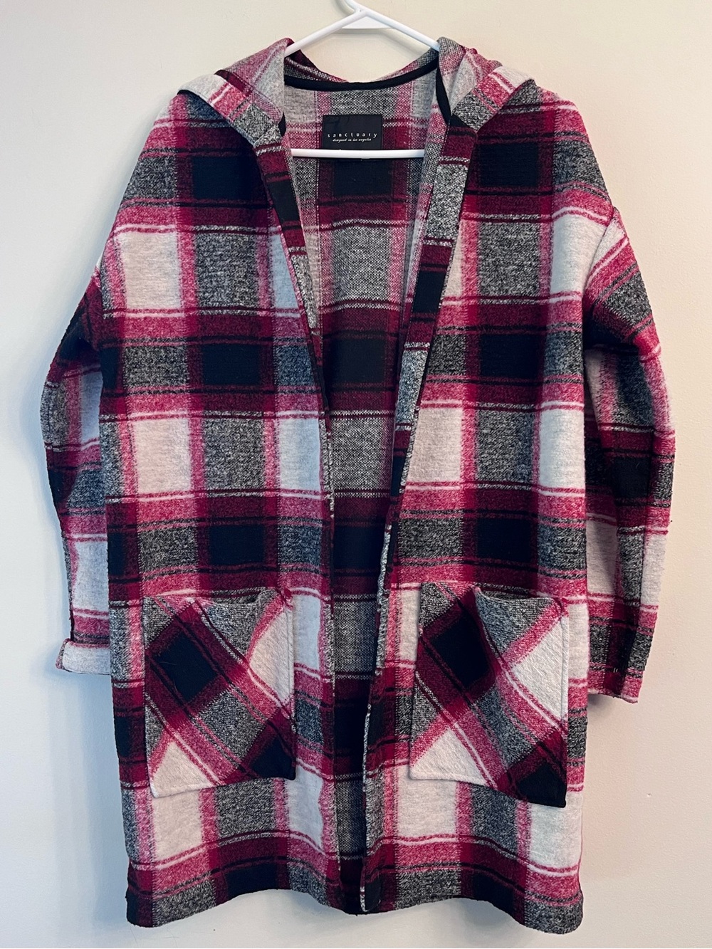Sanctuary Hooded Plaid Open-Front Coatigan - Red, Gray, Black